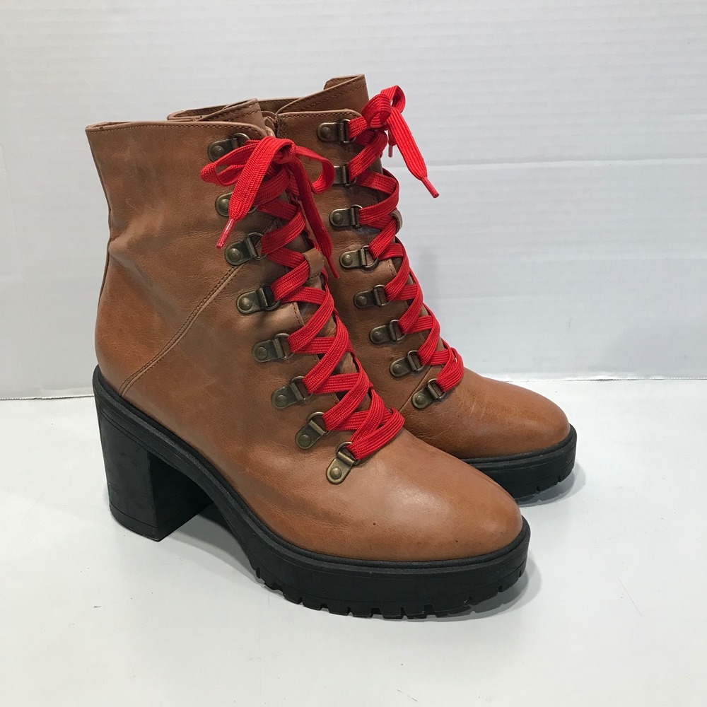 Steve Madden Tan Leather Block Heel Combat Boots with Red Laces and Lug Sole